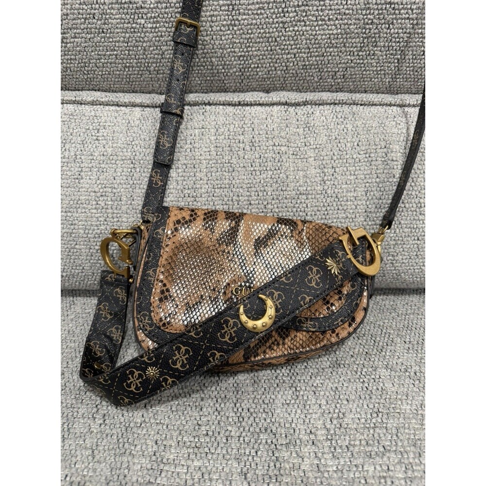 GUESS brown snake print crossbody bag w/ logo strap gold hardware small - Picture 2 of 9